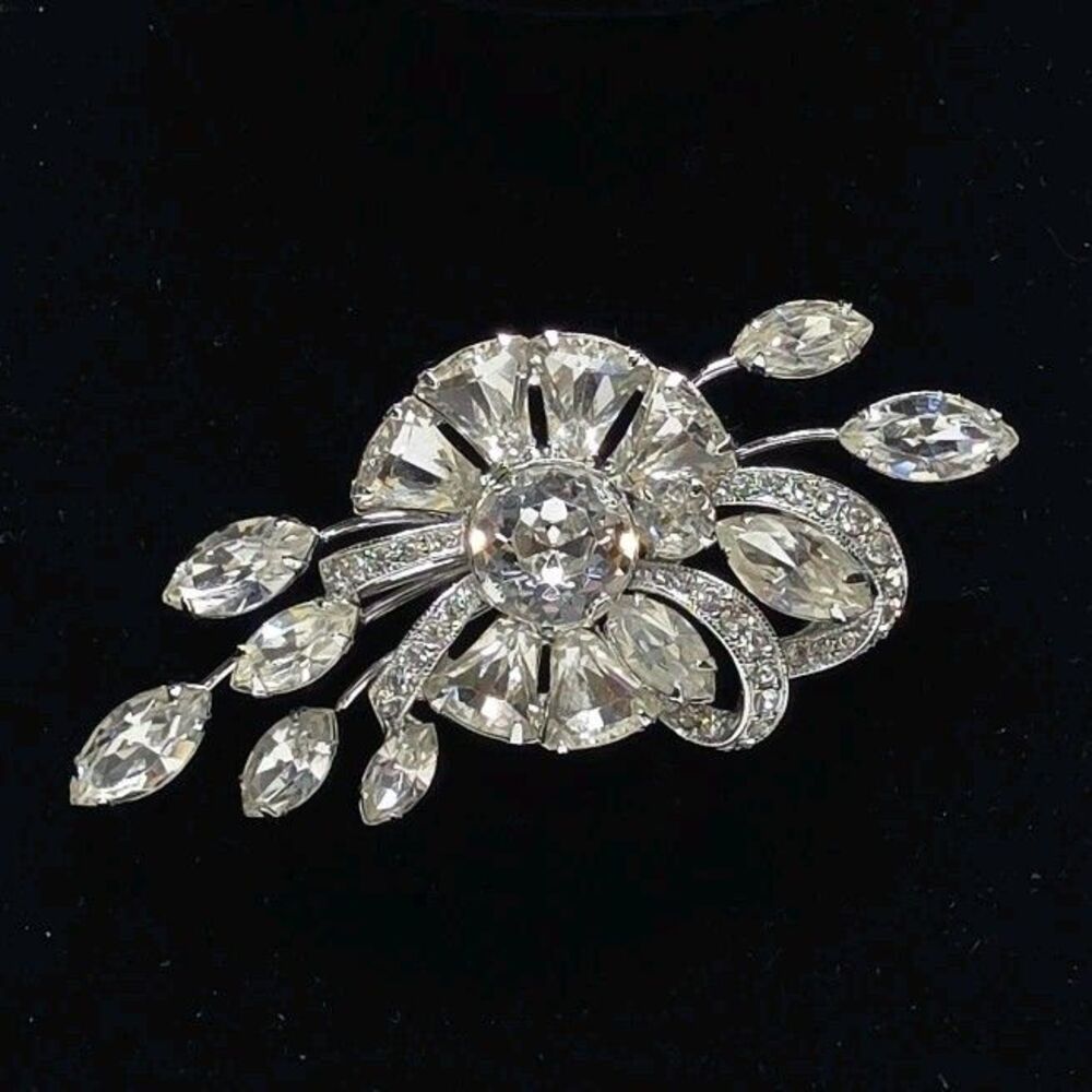 Vintage EISENBERG ICE Large Floral Brooch Silver Tone with Clear Crystals Formal